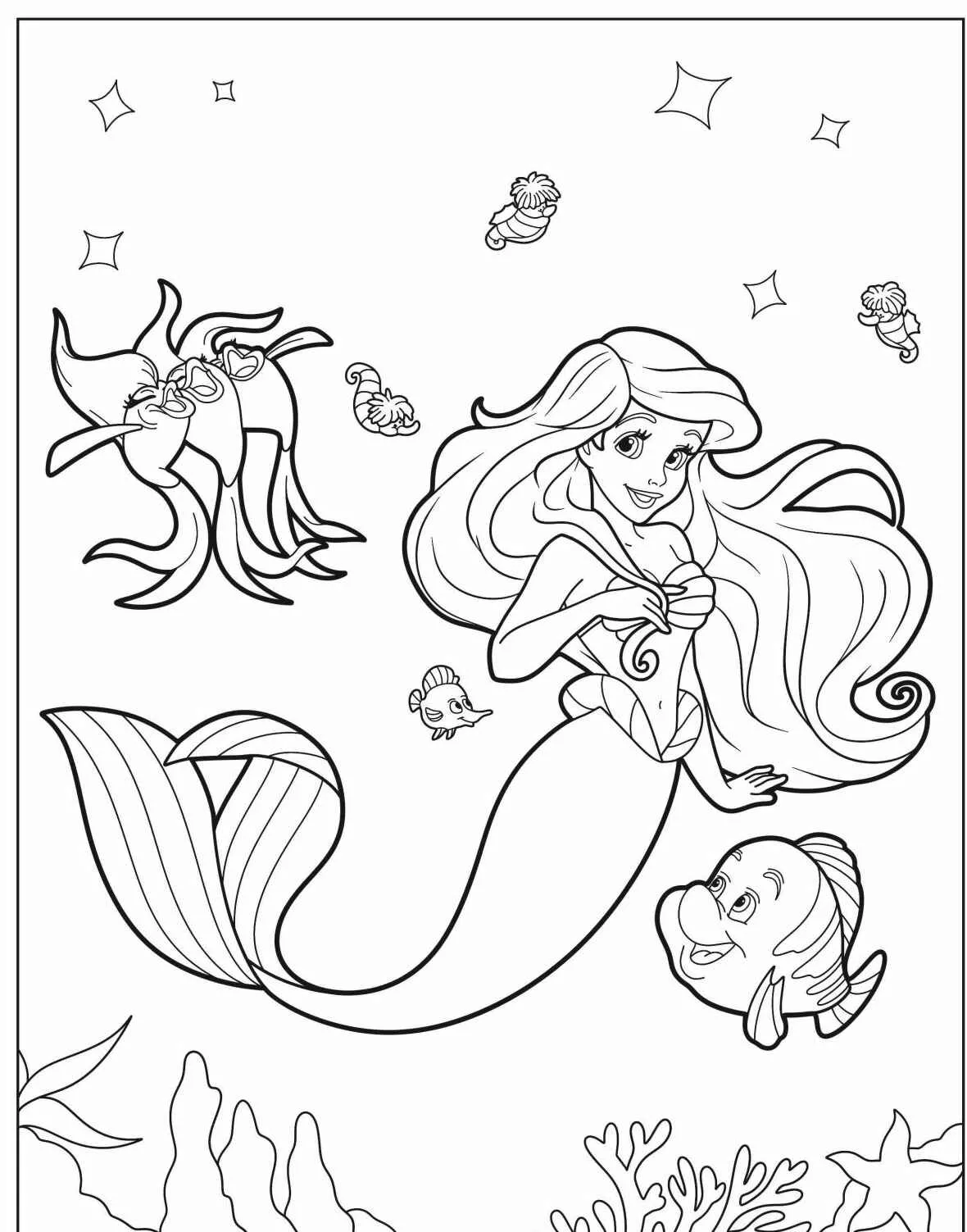 Imagem para colorir da Ariel nadando com peixinhos e estrelas do mar ao redor