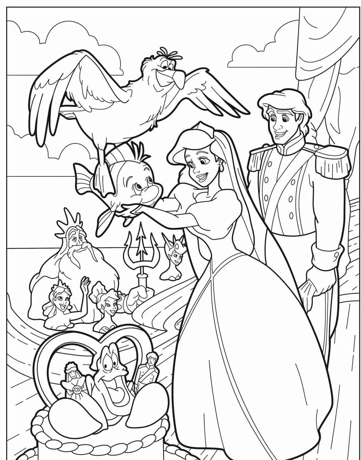 Ariel com Príncipe Eric e amigos do mar em um desenho para colorir
