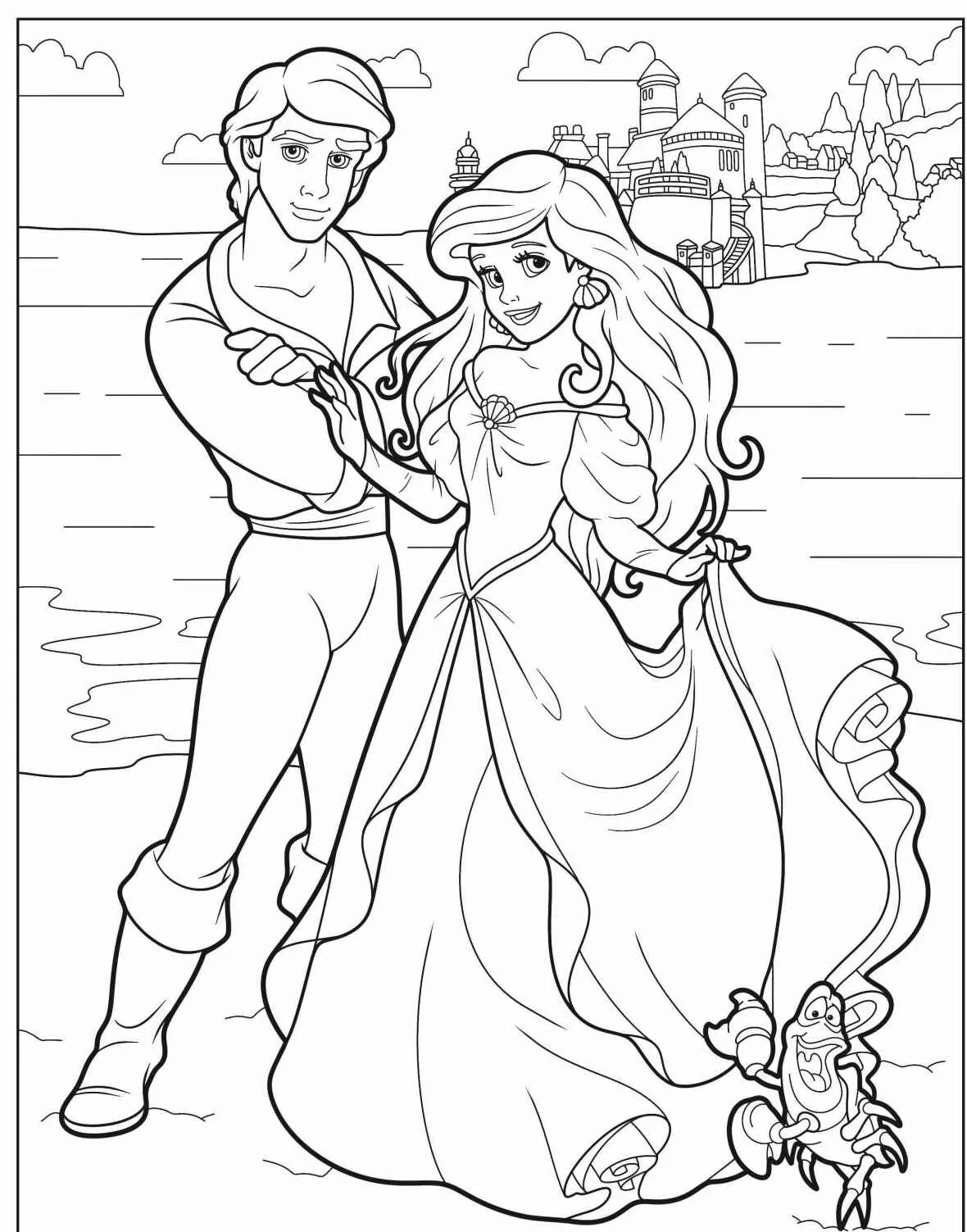 Desenho para colorir de Ariel e Príncipe Eric na praia com castelo ao fundo