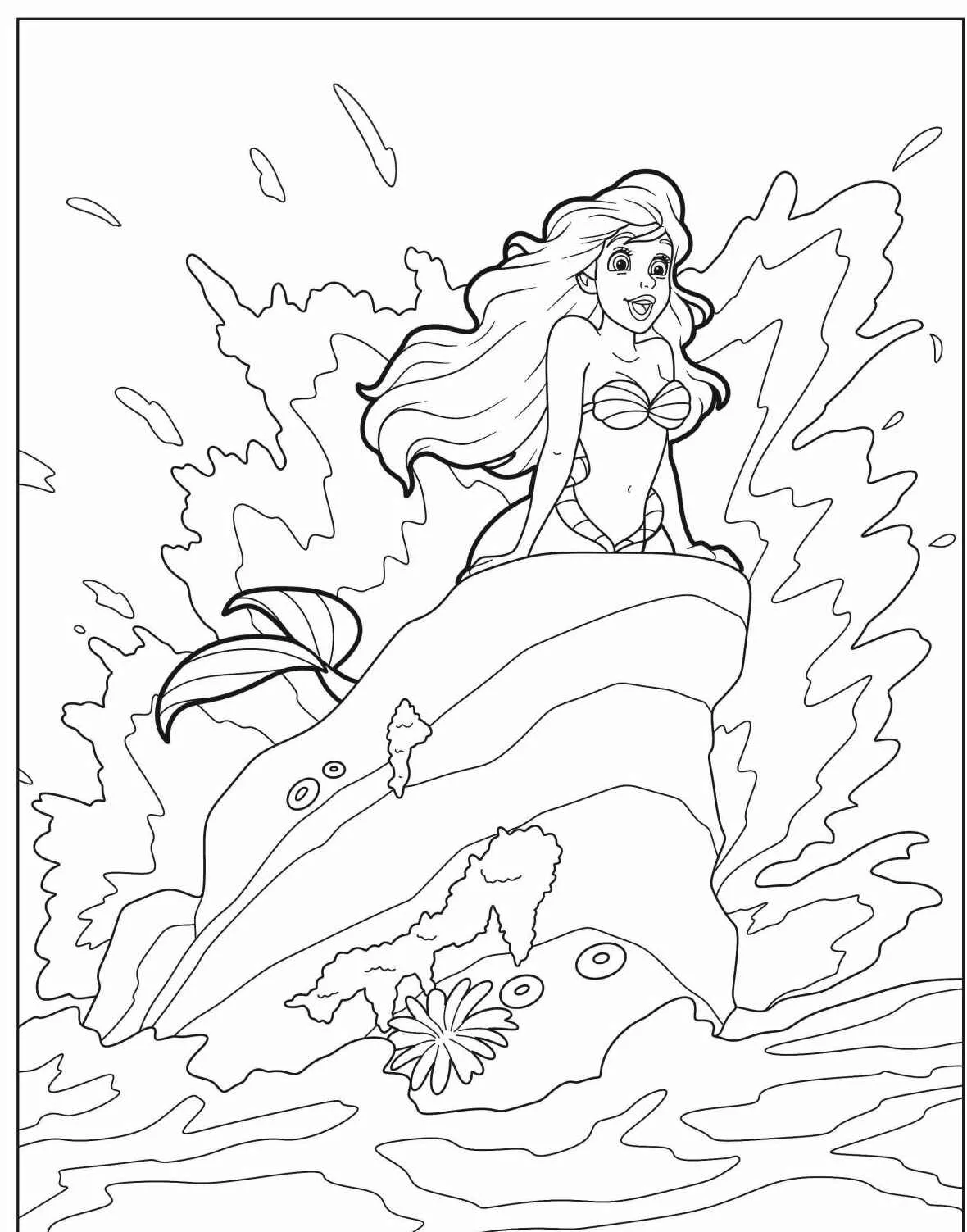 Imagem para colorir de Ariel sentada em uma rocha com ondas ao redor.