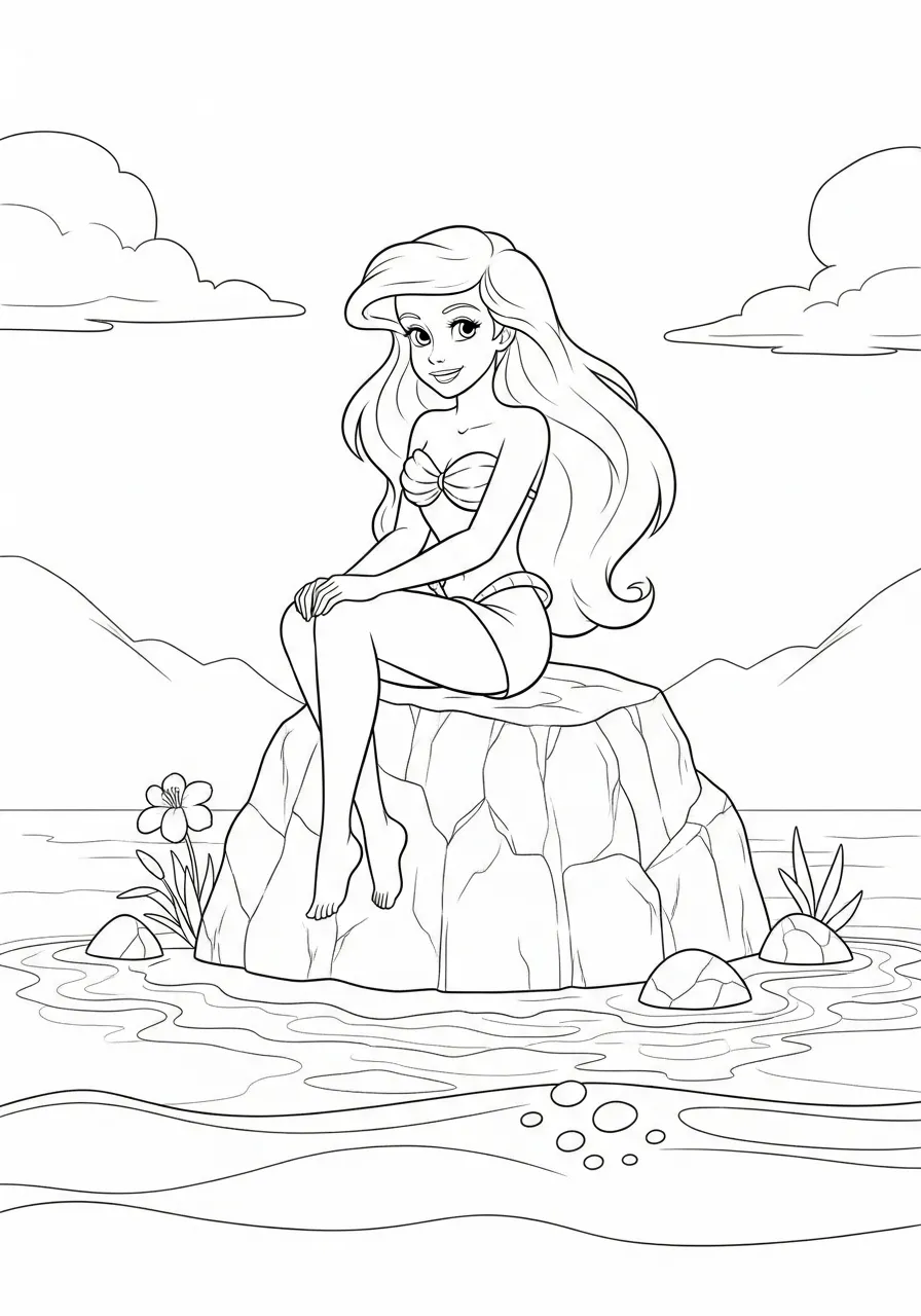 Imagem para colorir de Ariel sentada em uma rocha no mar