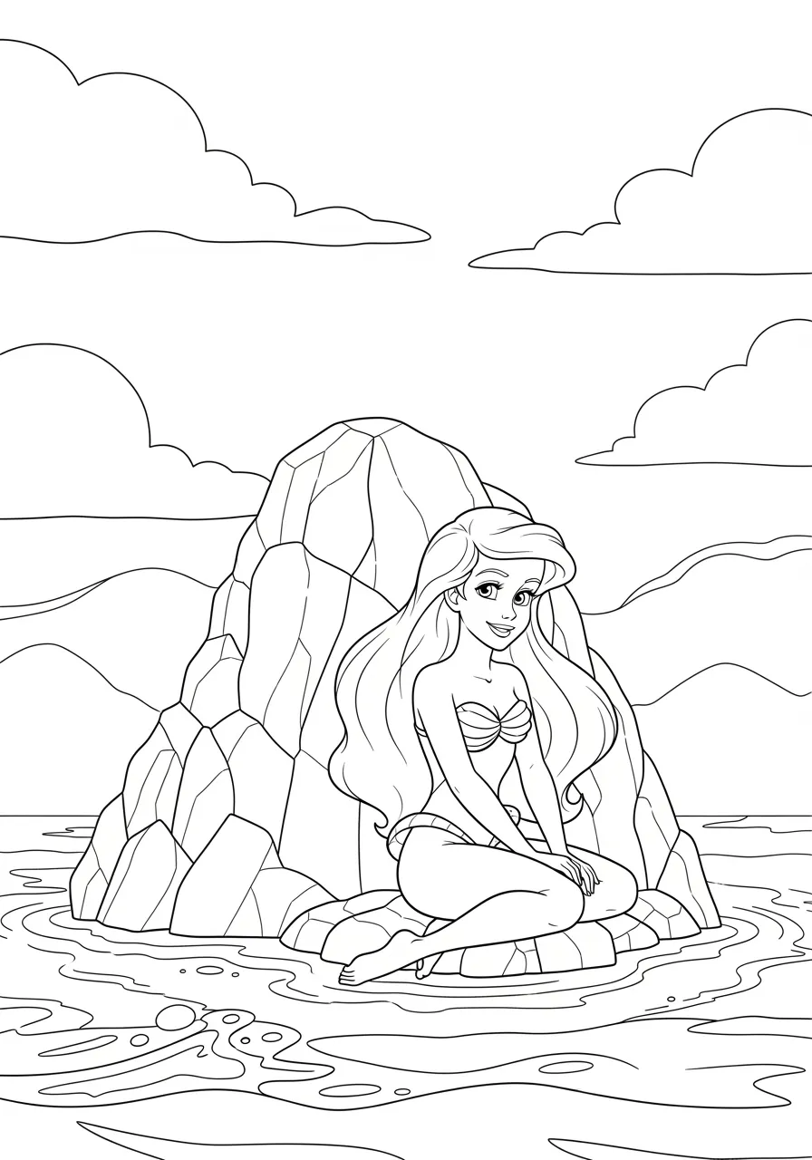 Imagem para colorir de Ariel sentada numa rocha no mar