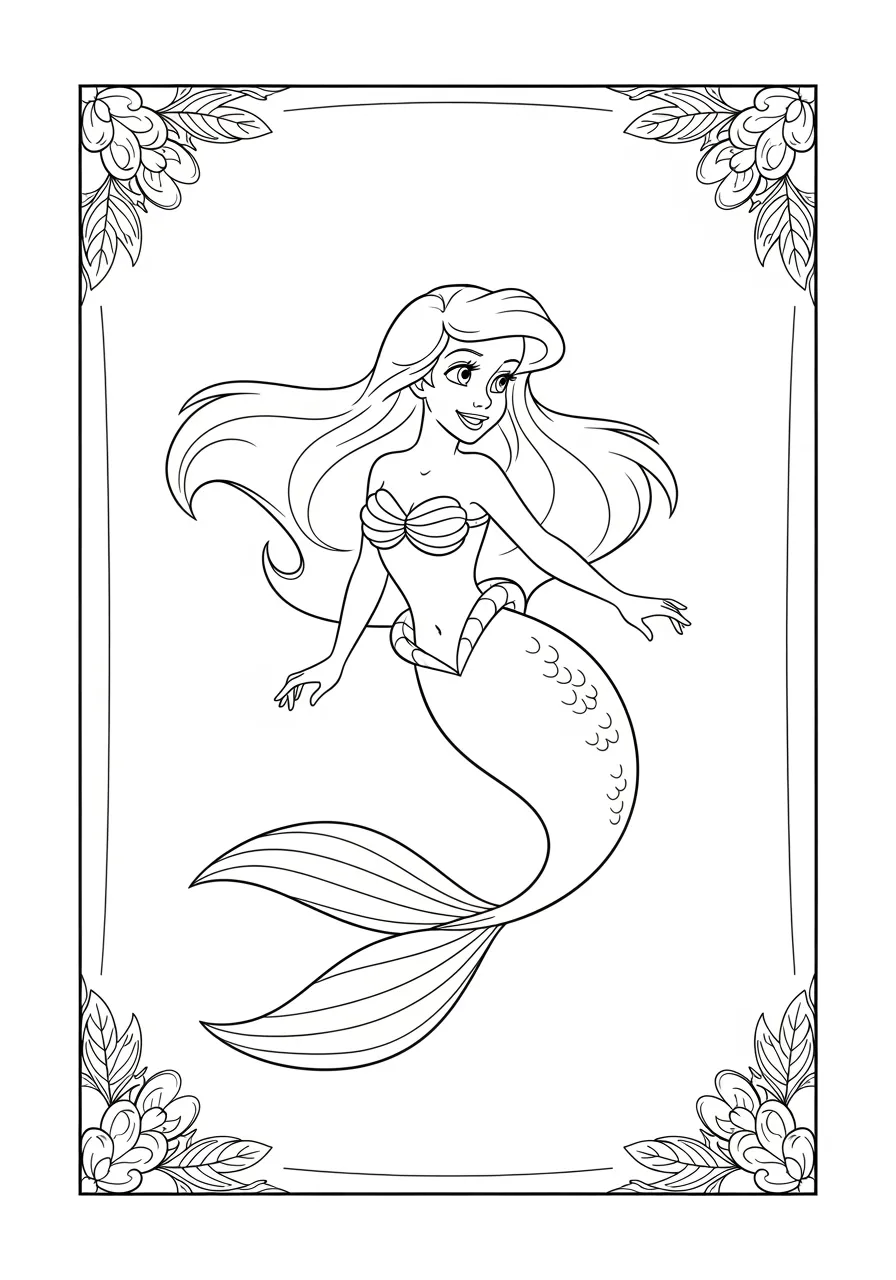 Imagem para colorir da Ariel sorrindo com moldura de flores