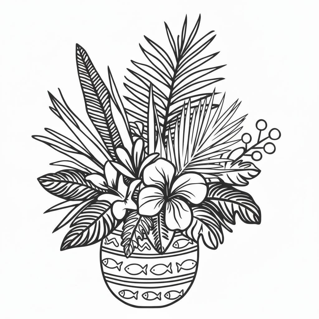 Desenho de um arranjo floral tropical com várias folhas e flores para colorir.