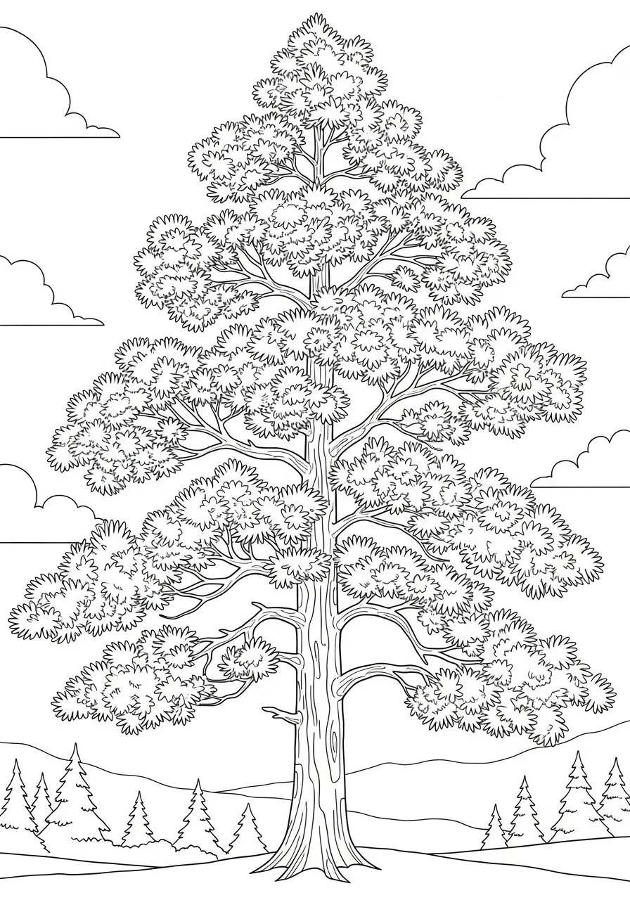 Desenho de uma árvore alta com folhagem densa e nuvens ao fundo para colorir