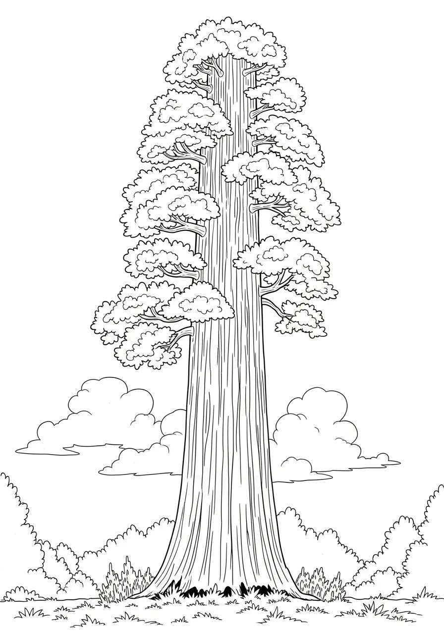 Desenho de uma árvore alta com folhas, ideal para colorir