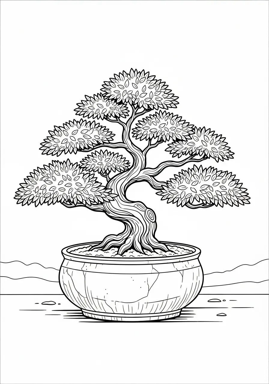 Desenho de uma árvore bonsai em um vaso para colorir