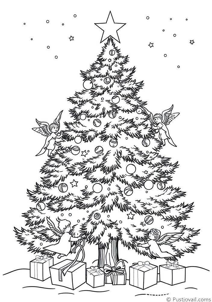 Desenho de uma árvore de Natal decorada com anjos e presentes, ideal para colorir.