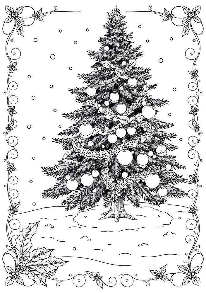 Desenho de uma árvore de Natal decorada com bolas coloridas e flocos de neve ao fundo