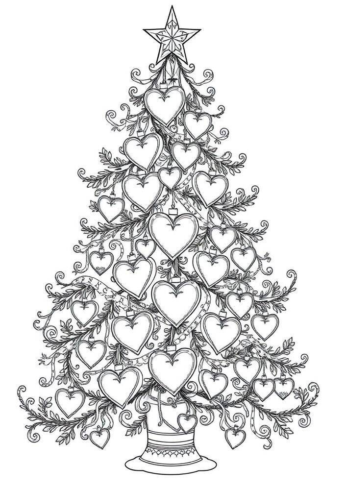 Desenho de uma árvore de Natal decorada com corações, ideal para colorir.