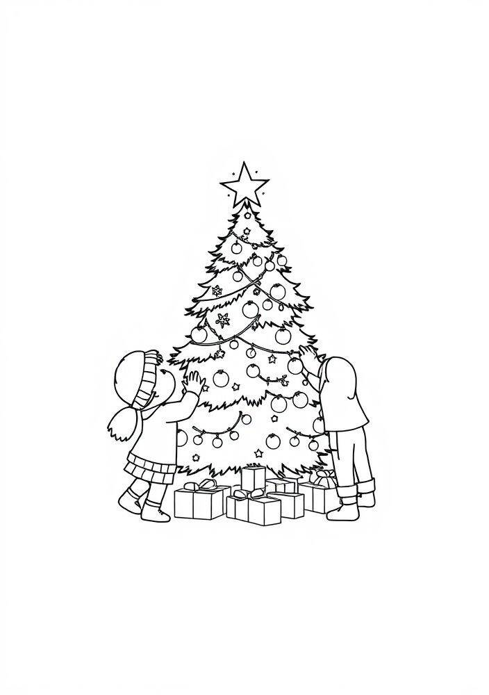 Desenho de uma árvore de Natal com crianças decorando e presentes ao redor