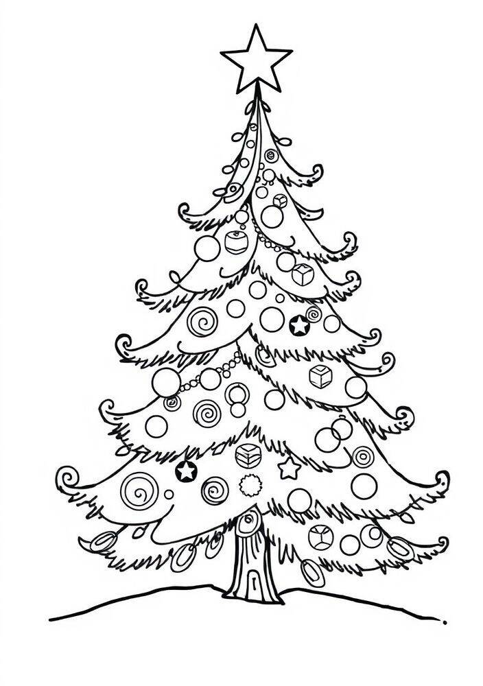 Desenho de uma árvore de Natal decorada com enfeites, pronta para ser colorida.