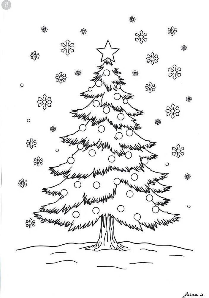 Desenho de uma árvore de Natal decorada com uma estrela no topo e flocos de neve ao redor, ideal para colorir.