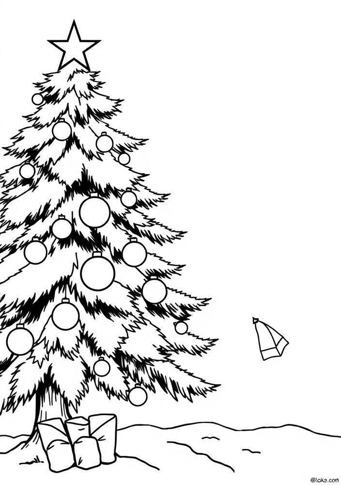 Desenho de uma árvore de Natal decorada com uma estrela no topo e presentes embaixo.