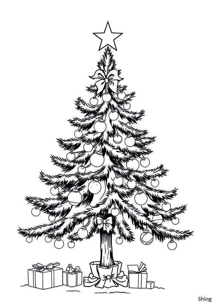 Desenho de uma árvore de Natal decorada com uma estrela no topo e presentes embaixo.