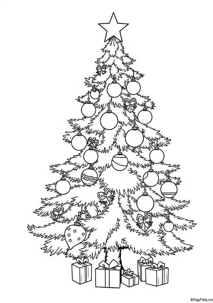 Desenho de uma árvore de Natal decorada com uma estrela no topo e vários presentes embaixo.