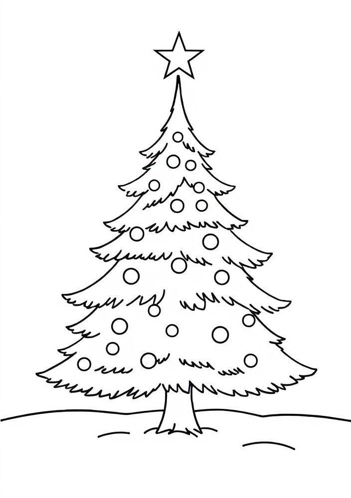 Desenho de uma árvore de Natal com estrela no topo, pronta para ser colorida.