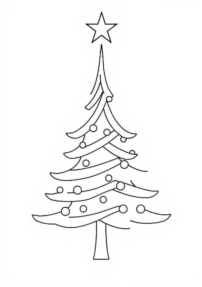 Desenho de uma árvore de Natal com uma estrela no topo e bolas decorativas para colorir.