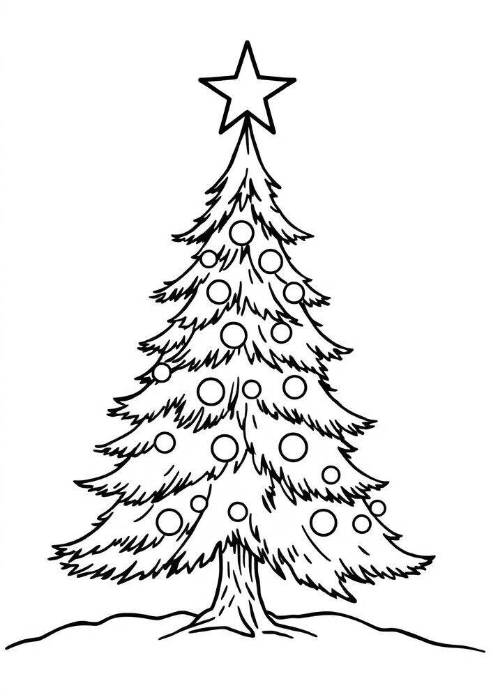 Desenho de uma árvore de Natal com uma estrela no topo, pronta para ser colorida.