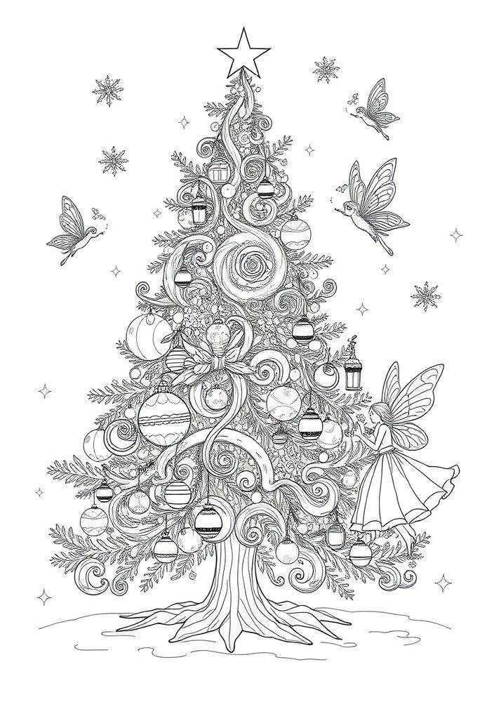 Desenho de uma árvore de Natal decorada com fadas e borboletas, ideal para colorir.