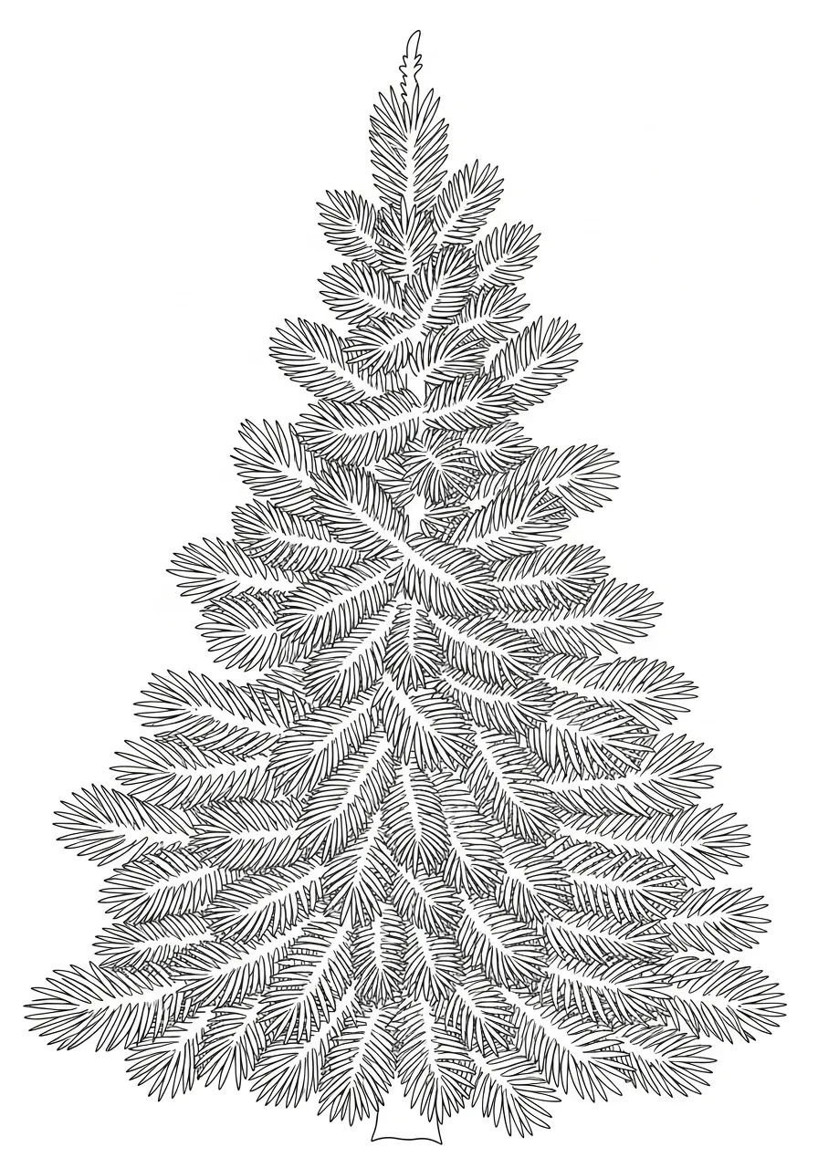 Desenho de uma árvore de Natal com folhas detalhadas para colorir