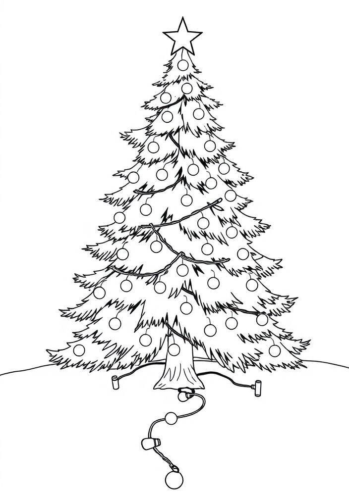 Desenho de uma árvore de Natal decorada com luzes e uma estrela no topo, pronto para ser colorido.