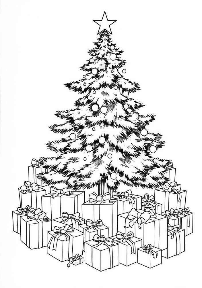 Desenho de uma árvore de Natal decorada com presentes ao redor.