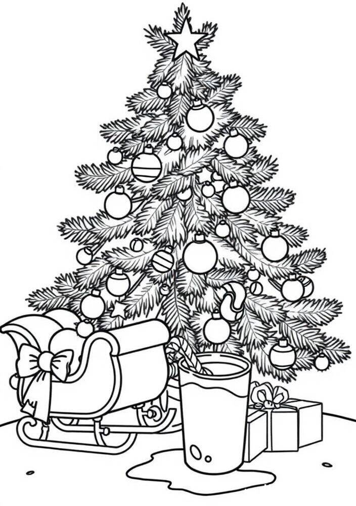 Desenho de uma árvore de Natal decorada com bolas, uma estrela no topo, um trenó, um copo de leite e presentes, ideal para colorir.