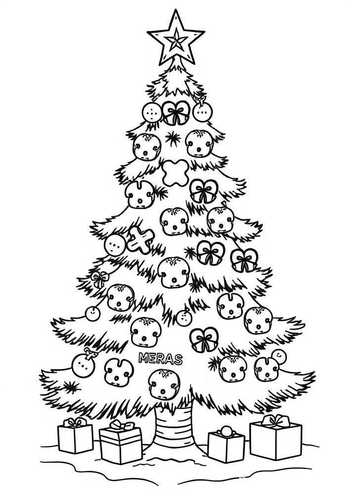 Desenho de uma árvore de Natal decorada com ursinhos, bolas e presentes, ideal para colorir.