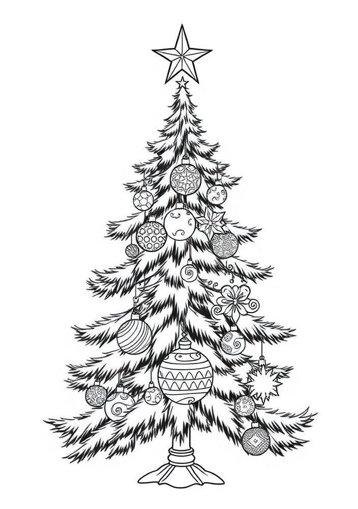 Desenho de uma árvore de Natal decorada com bolas coloridas e uma estrela no topo, ideal para colorir.