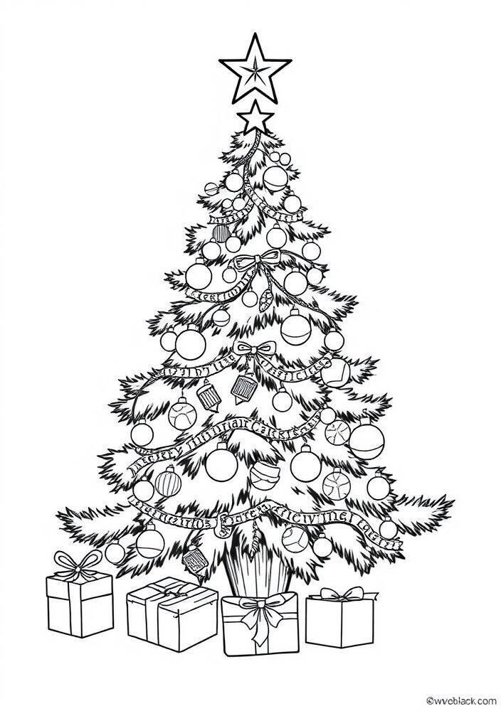 Desenho de uma árvore de Natal com estrela no topo e presentes embaixo, ideal para colorir.