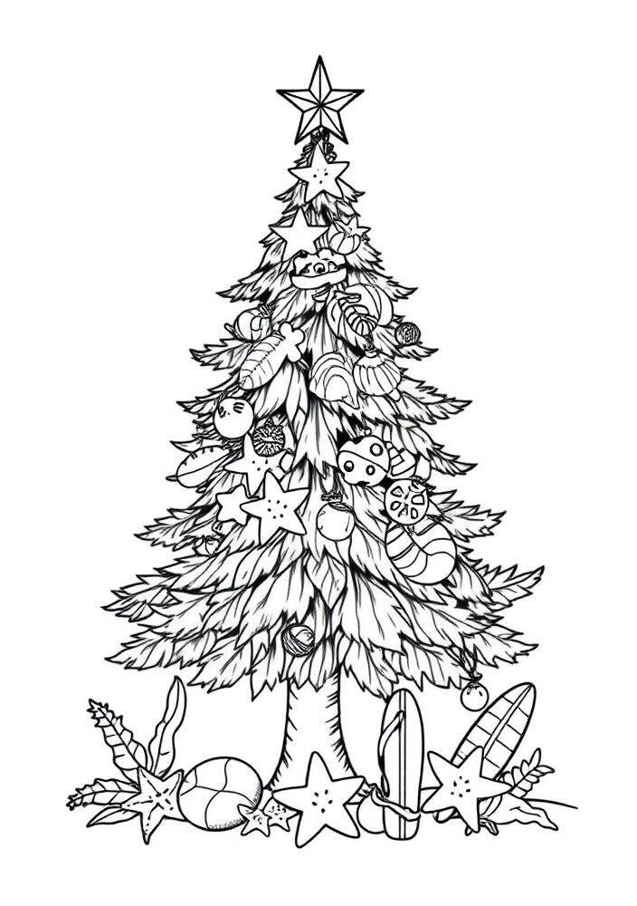 Desenho de uma árvore de Natal com estrelas, enfeites e presentes, ideal para colorir.