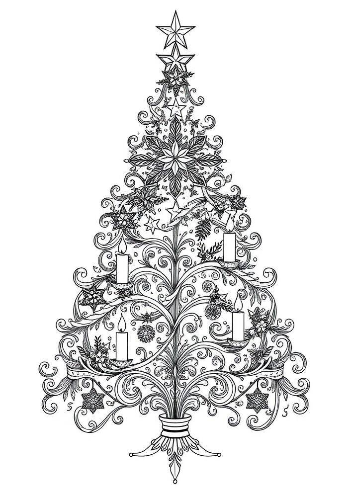 Desenho de uma árvore de Natal com estrelas, velas e enfeites para colorir