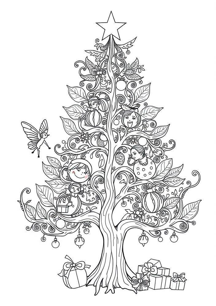 Desenho de uma árvore de Natal cheia de detalhes, incluindo fadas, enfeites e presentes.