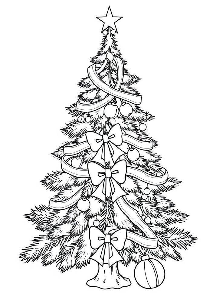 Desenho de uma árvore de Natal decorada com laços, bolas e uma estrela no topo, ideal para colorir.