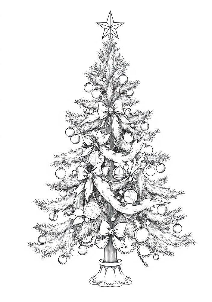 Desenho detalhado de uma árvore de Natal com laços, bolas e uma estrela no topo, ideal para colorir.
