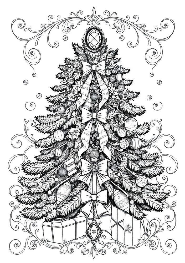 Desenho de uma árvore de Natal rica em detalhes, decorada com laços, bolas e presentes, ideal para colorir.