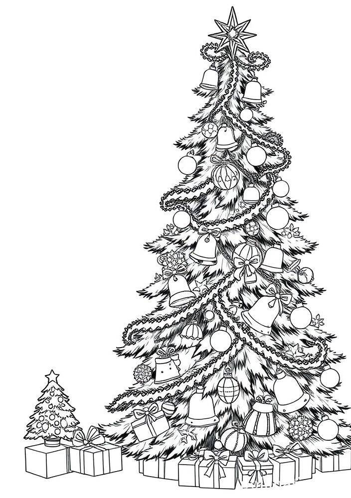 Desenho de uma árvore de Natal cheia de enfeites, incluindo bolas, sinos e uma estrela no topo, com presentes embaixo.