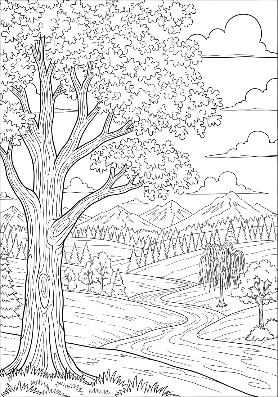 Desenho de uma árvore grande em uma paisagem de montanha com rio e nuvens para colorir