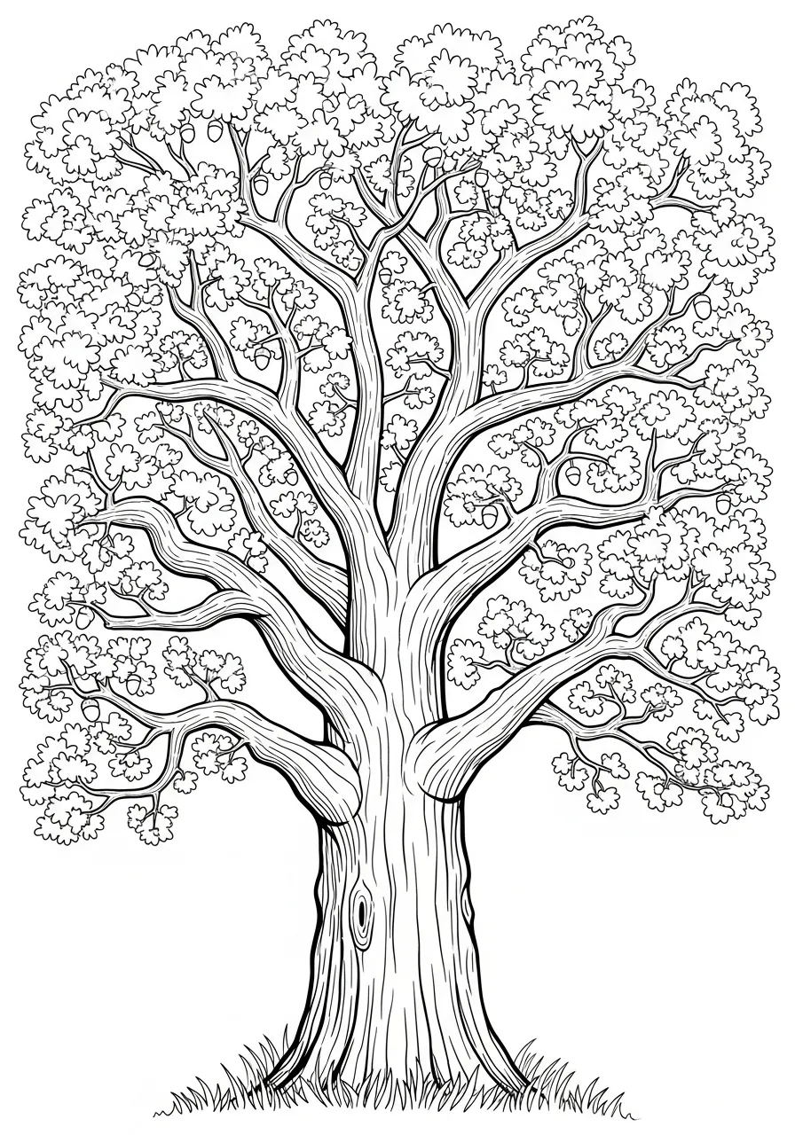Desenho detalhado de uma árvore com galhos e folhas para colorir