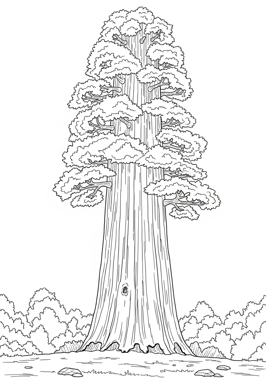 Desenho de uma árvore gigante com folhas detalhadas para colorir