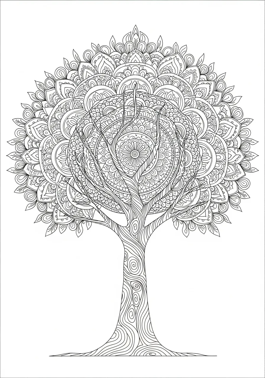 Desenho detalhado de árvore com padrão de mandala para colorir