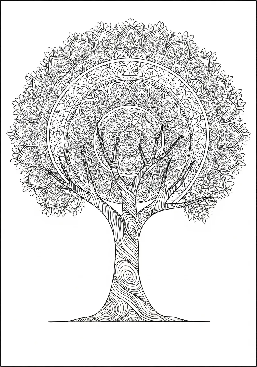 Desenho detalhado de árvore com padrão de mandala para colorir