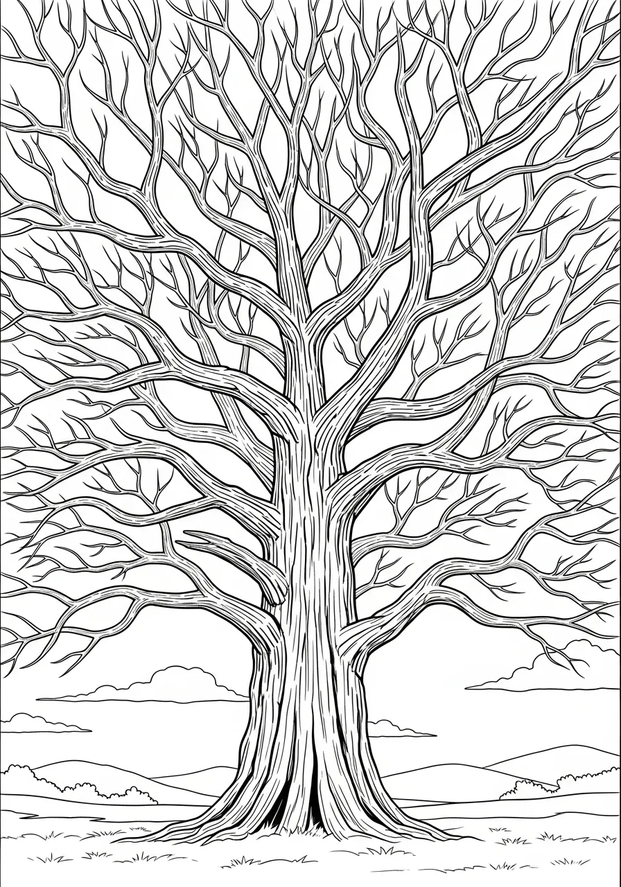 Desenho detalhado de uma árvore sem folhas para colorir