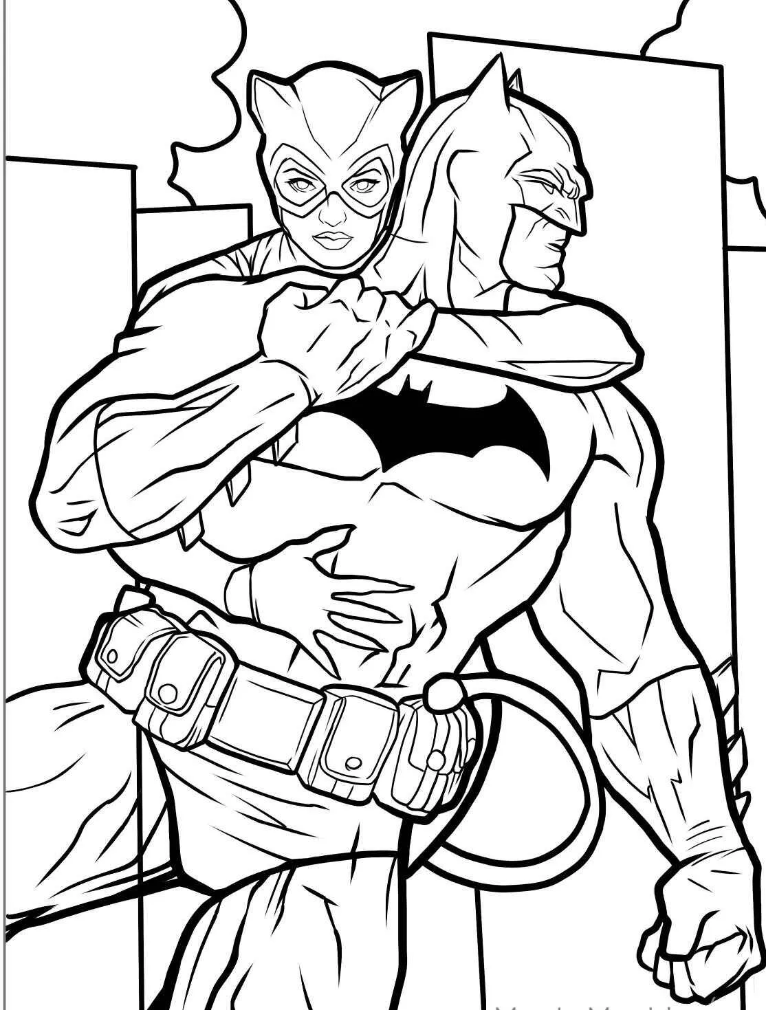 Desenho para colorir do Batman com a Mulher-Gato em uma cena dinâmica