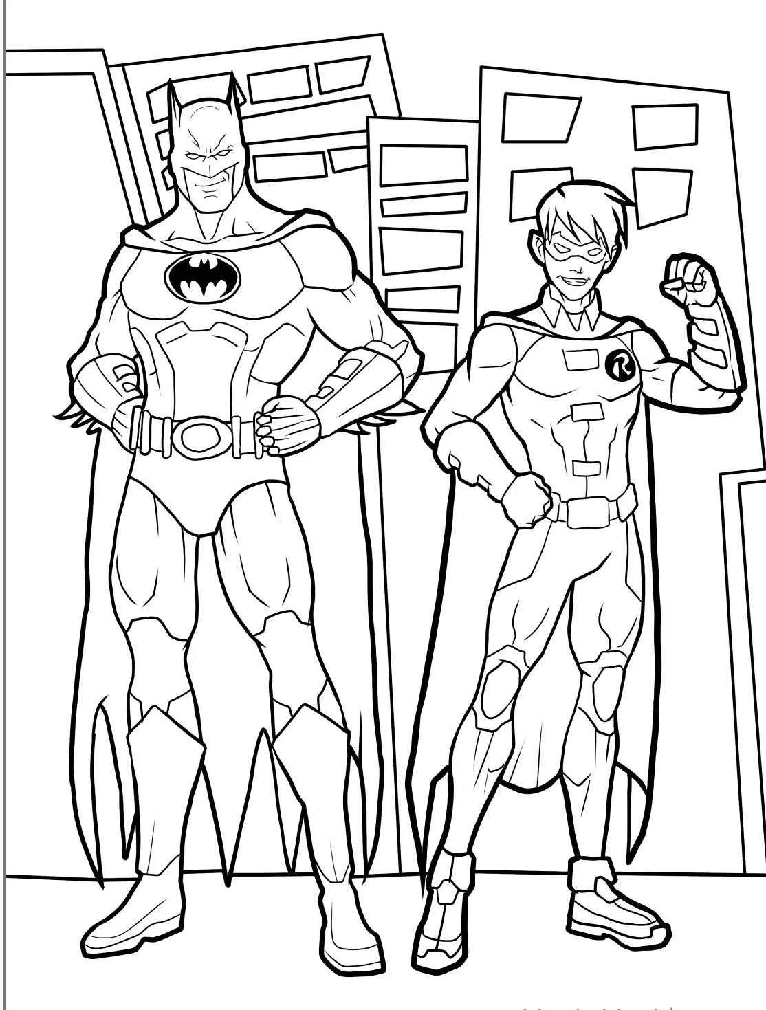 Desenho para colorir do Batman ao lado de Robin em uma cidade