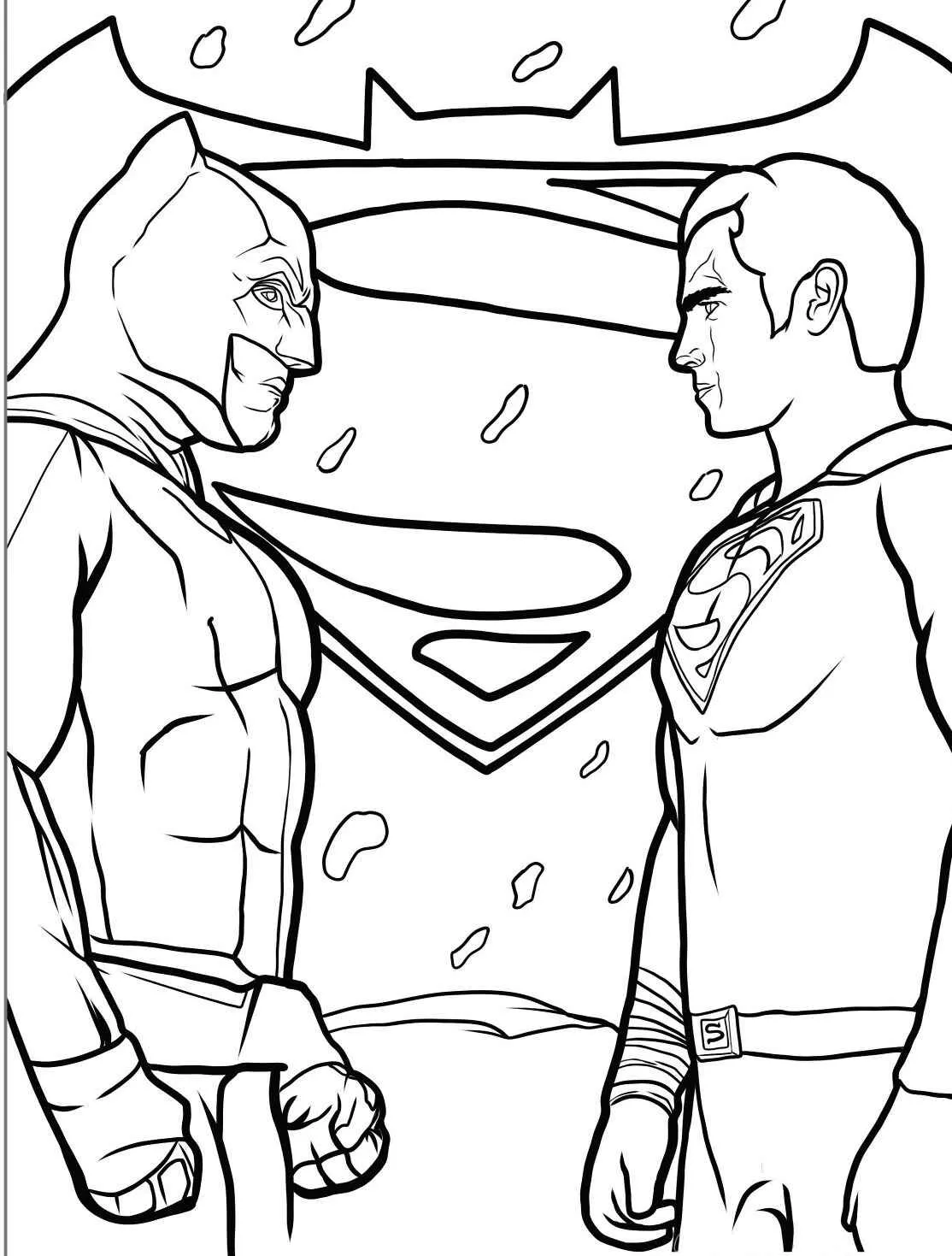 Desenho para colorir do Batman e Superman se encarando com o símbolo do Superman ao fundo