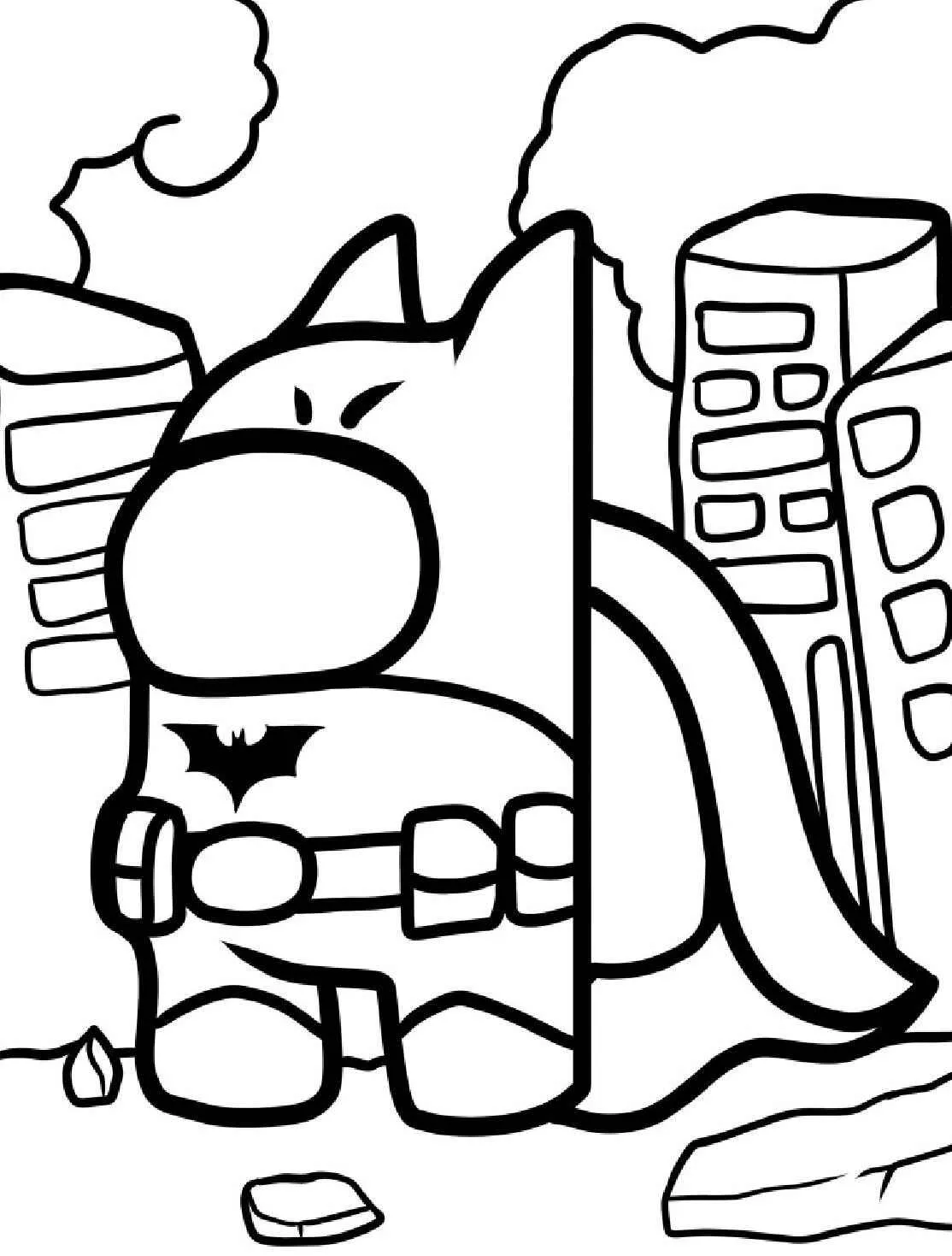Desenho para colorir do Batman em pé entre prédios em uma cidade