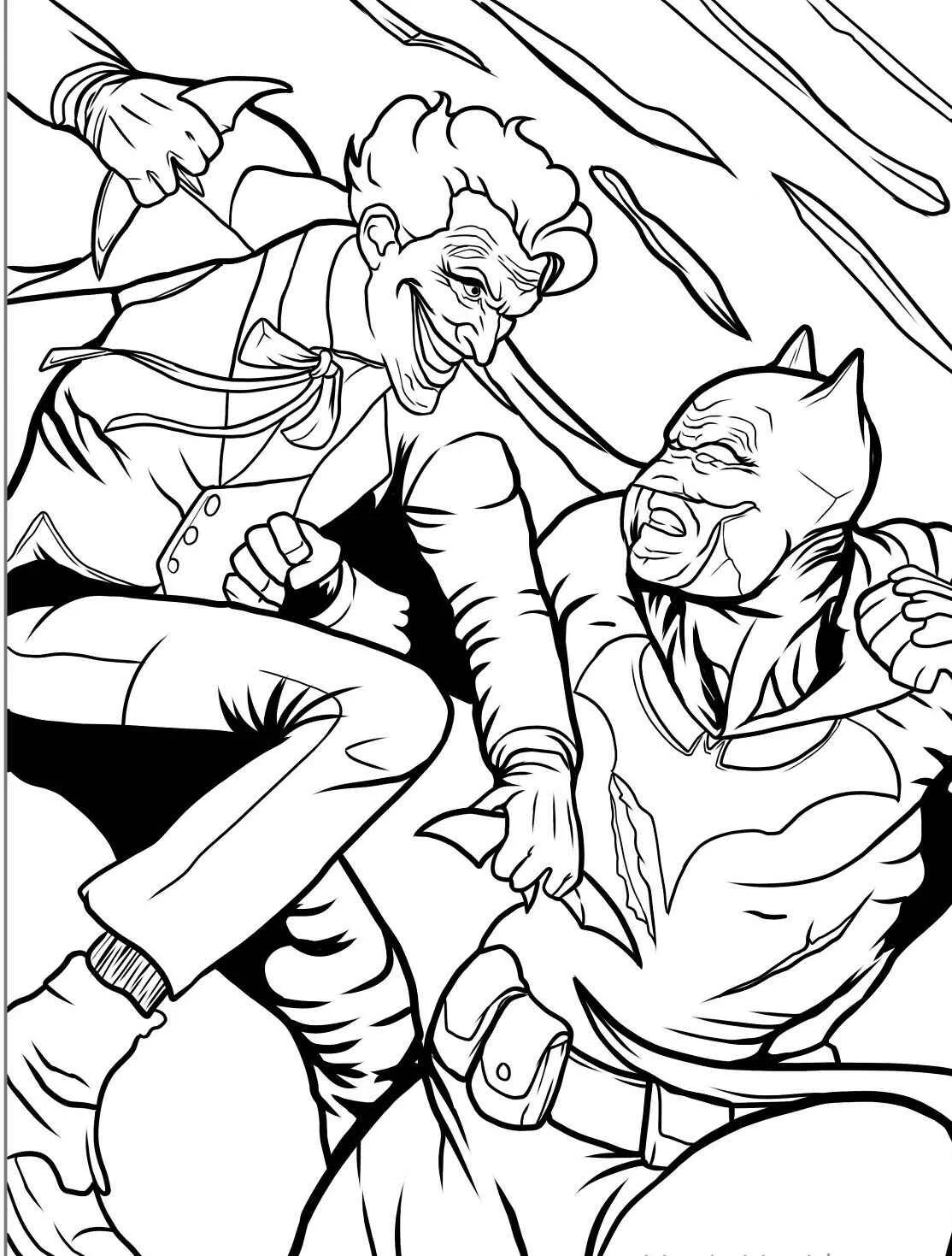 Desenho do Batman enfrentando o Coringa em uma cena de ação para colorir