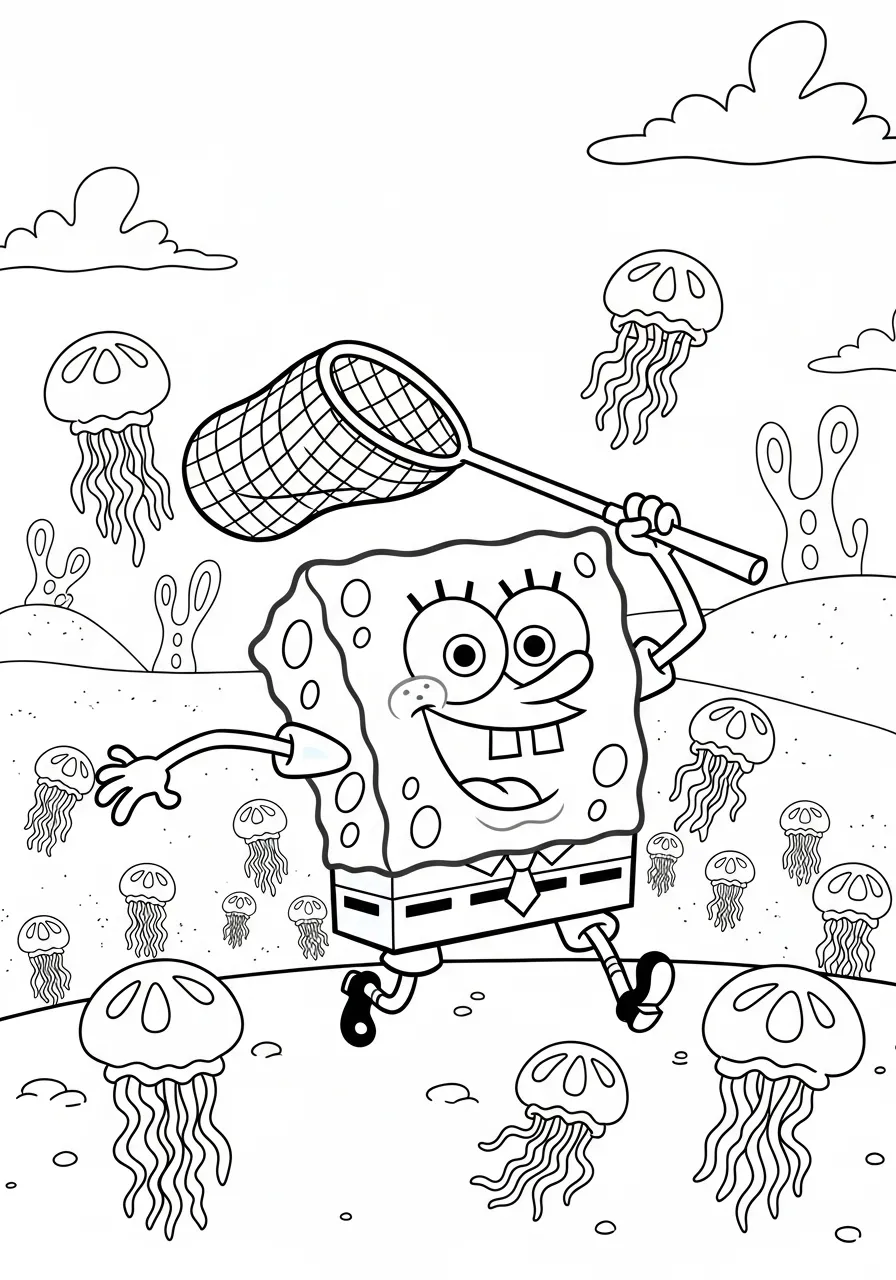 Bob Esponja alegremente caçando água-vivas com uma rede